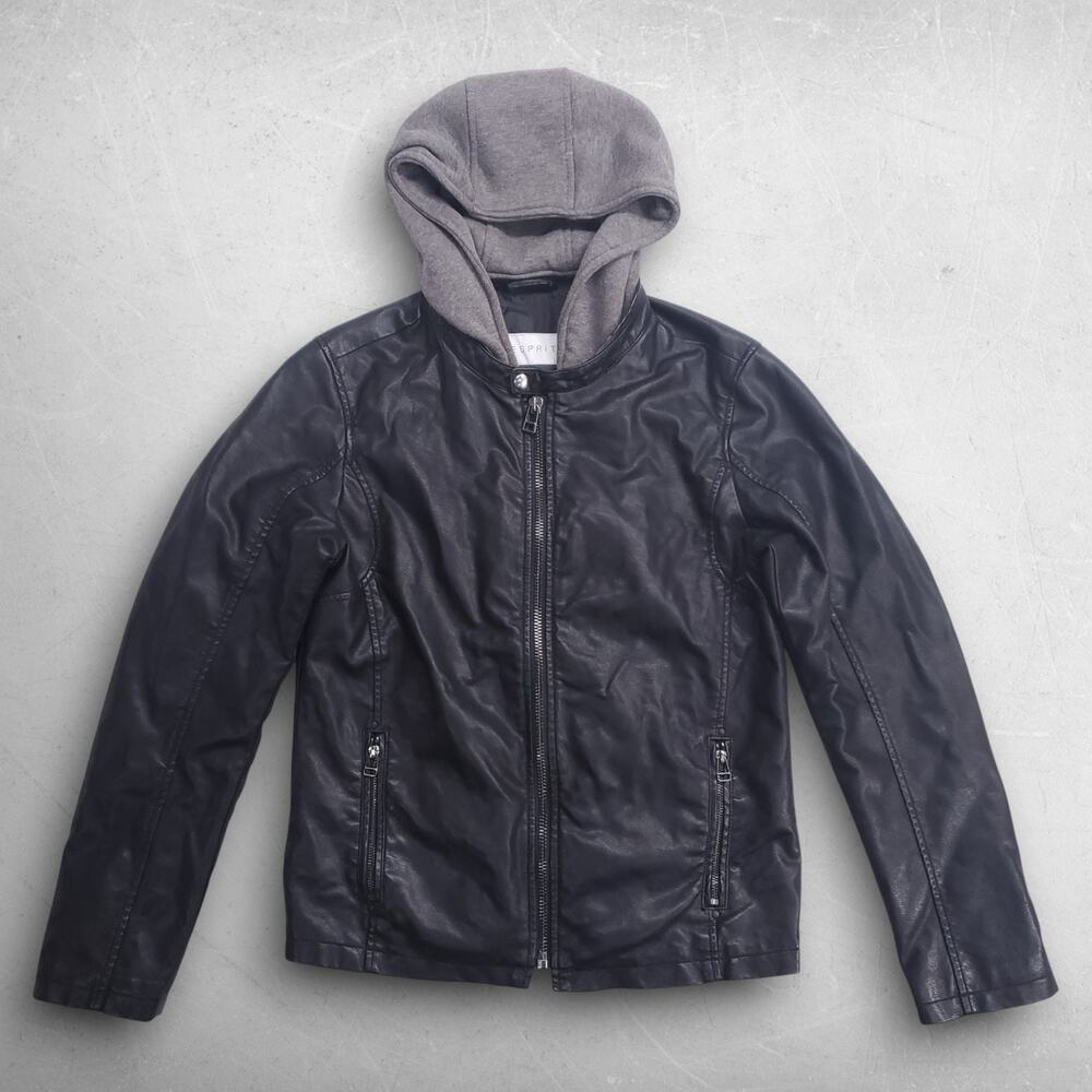 Esprit‎ Faux Leather Jacket Removable Hood Satin Lined Women S Black Edgy Biker